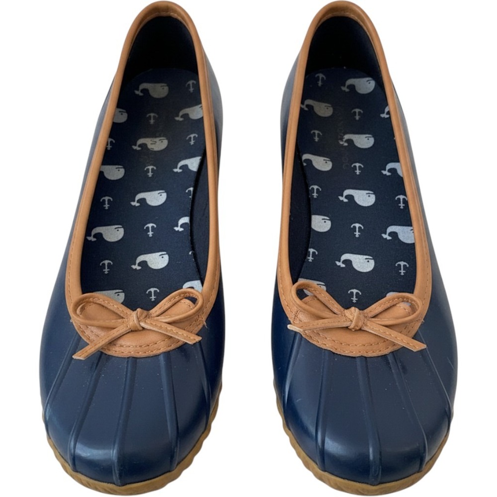 London Fog Webster Navy Duck Shoes Nautical Whale Bow Rain Flats WL06194W 8M